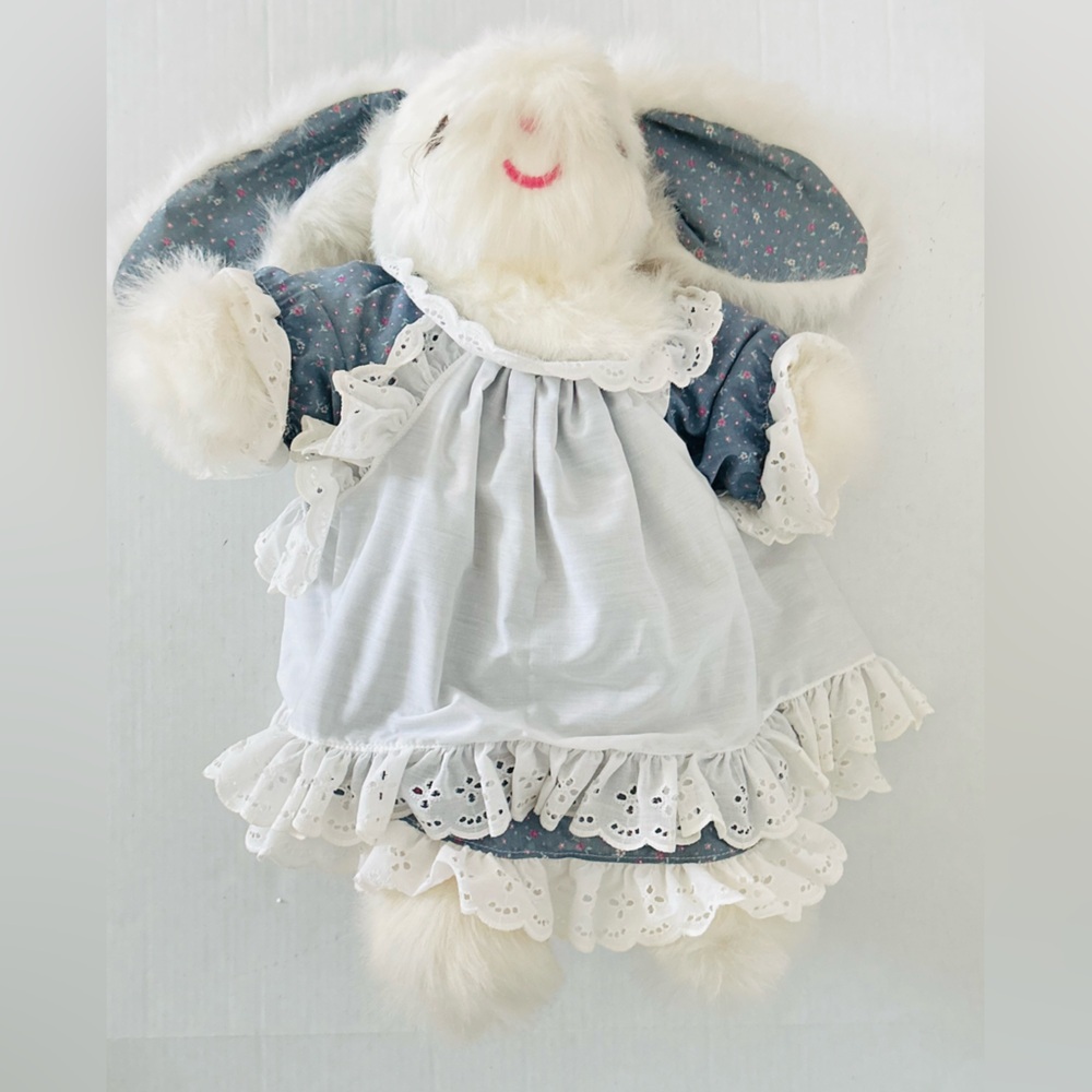 Vintage Ms. Noah White Plush Bunny Toy Rabbit Floral Lace Dress Stuffed Animal